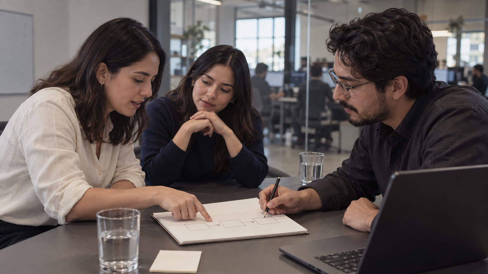 Personas revisando un proceso de trabajo.